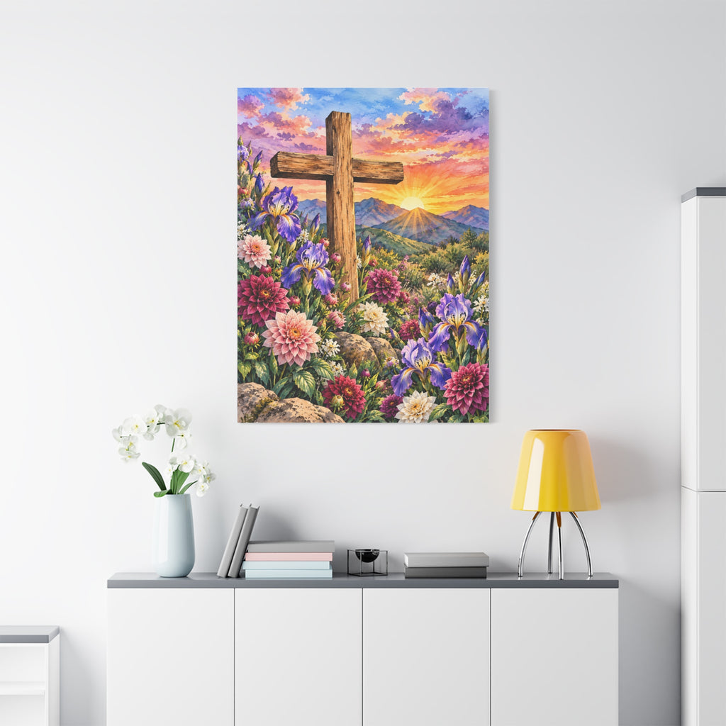 Sunrise Cross Canvas Wall Art — Floral Christian Decor