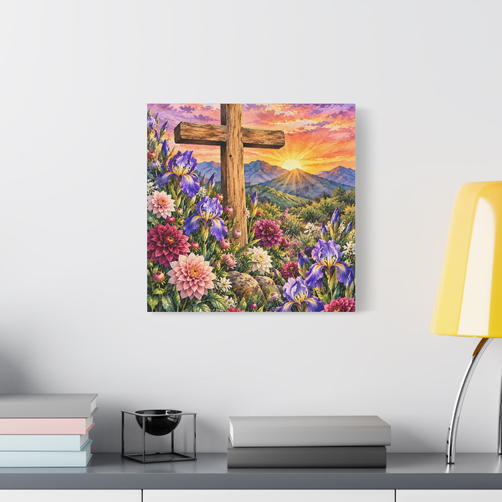 Sunrise Cross Canvas Wall Art — Floral Christian Decor