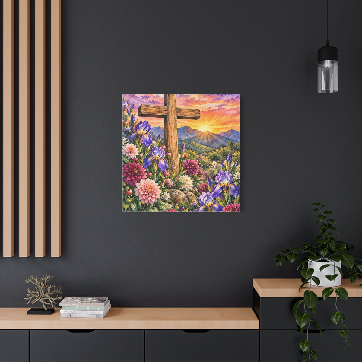 Sunrise Cross Canvas Wall Art — Floral Christian Decor