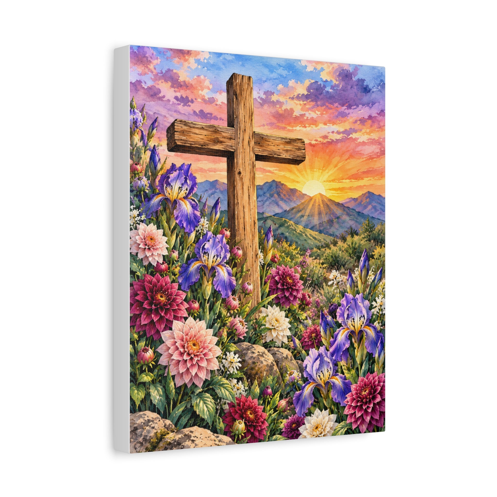 Sunrise Cross Canvas Wall Art — Floral Christian Decor
