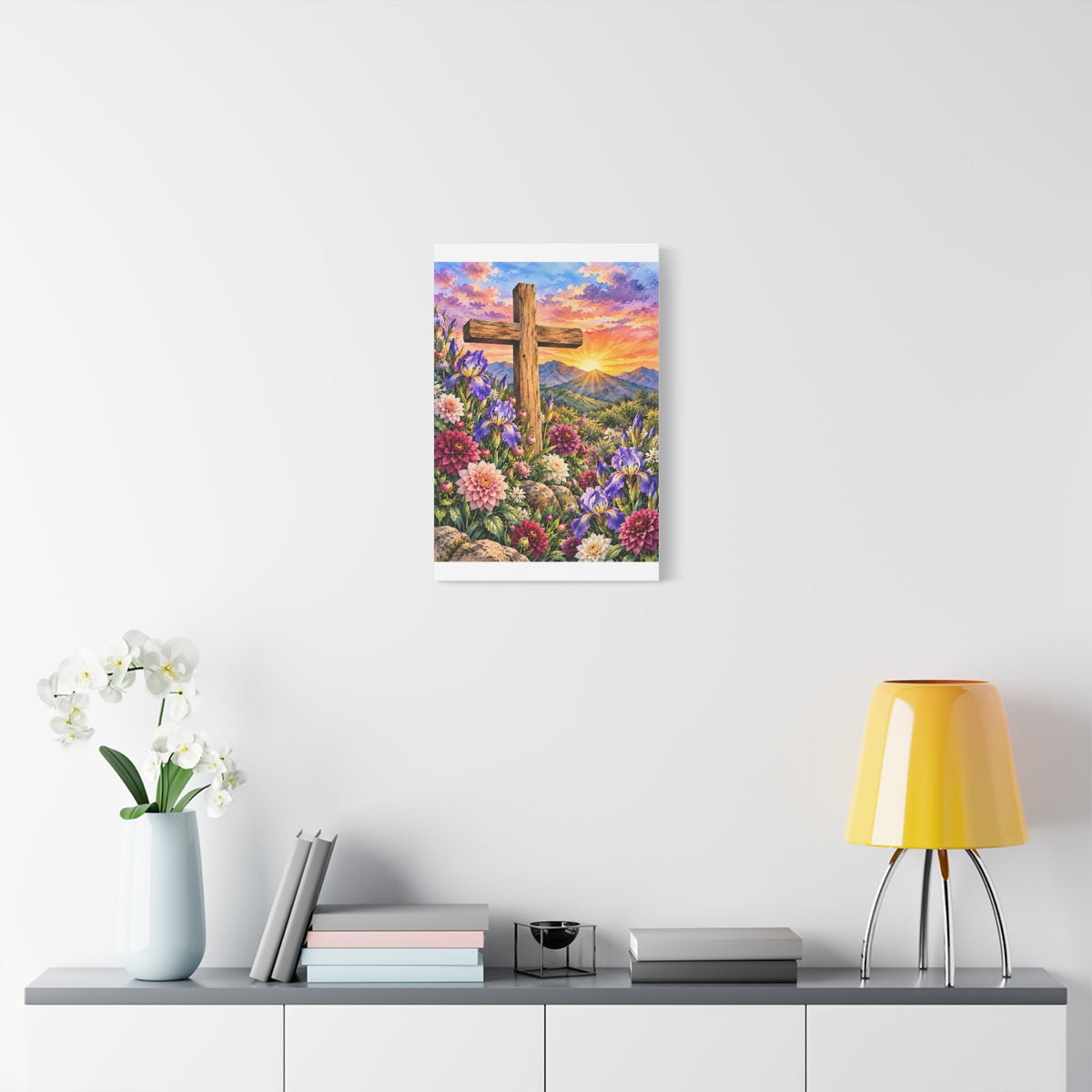 Sunrise Cross Canvas Wall Art — Floral Christian Decor