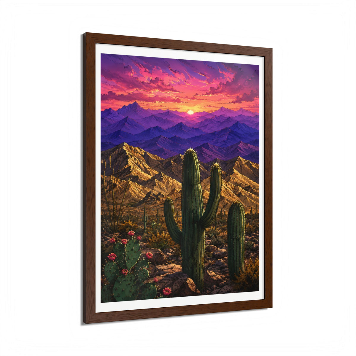 Desert Sunset Framed Poster — Saguaro Cactus Landscape Wall Art