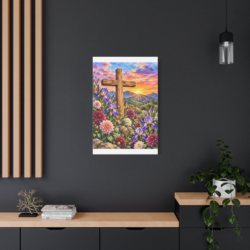 Sunrise Cross Canvas Wall Art — Floral Christian Decor