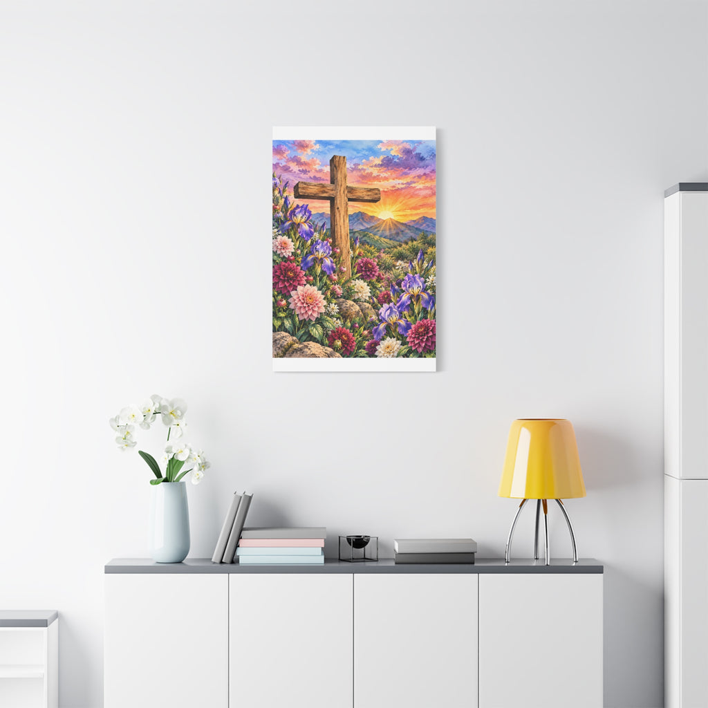 Sunrise Cross Canvas Wall Art — Floral Christian Decor