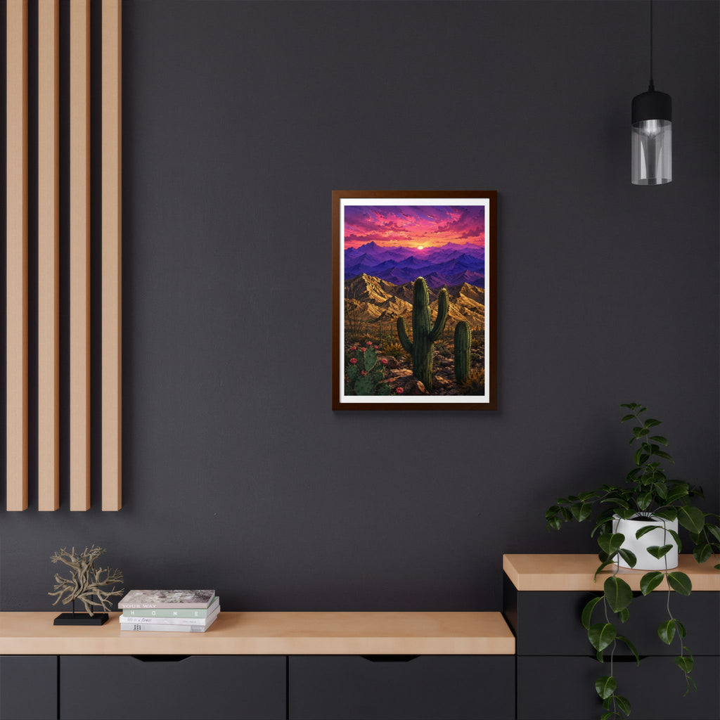 Desert Sunset Framed Poster — Saguaro Cactus Landscape Wall Art