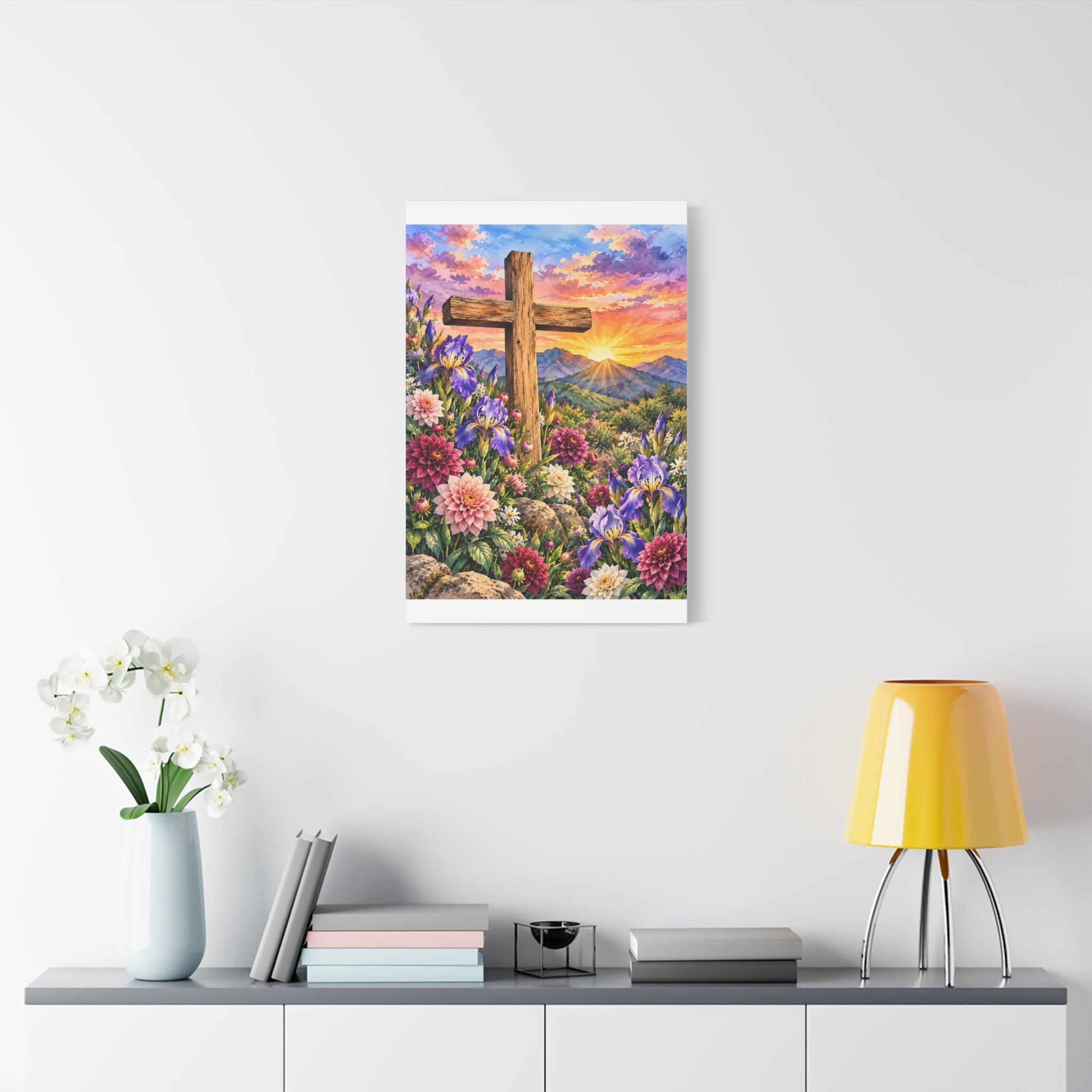 Sunrise Cross Canvas Wall Art — Floral Christian Decor