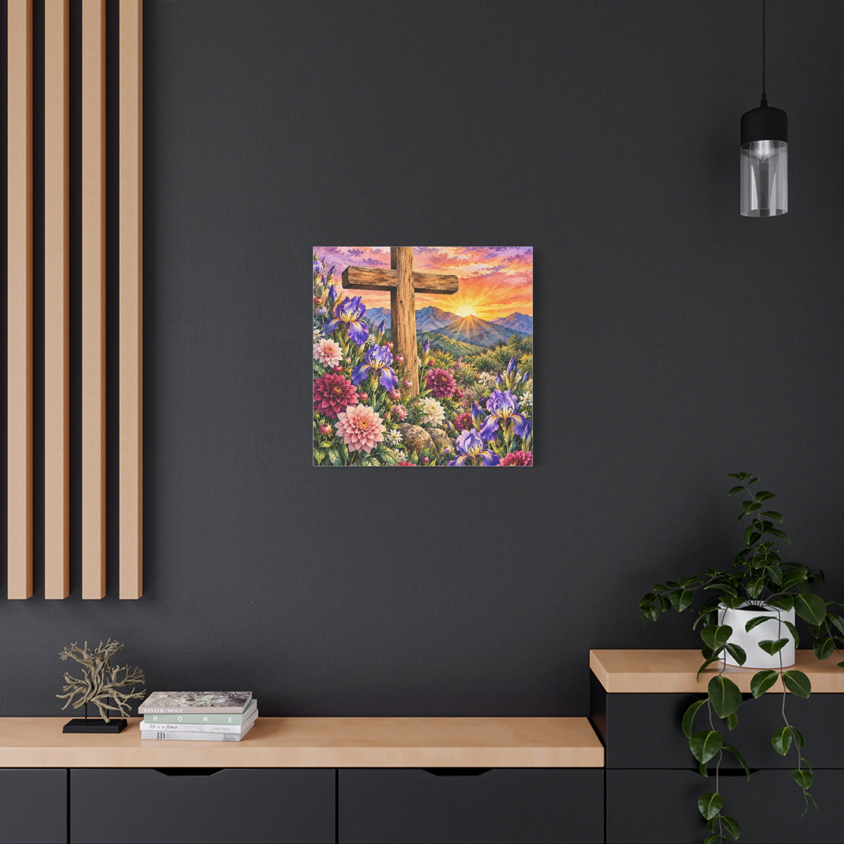 Sunrise Cross Canvas Wall Art — Floral Christian Decor