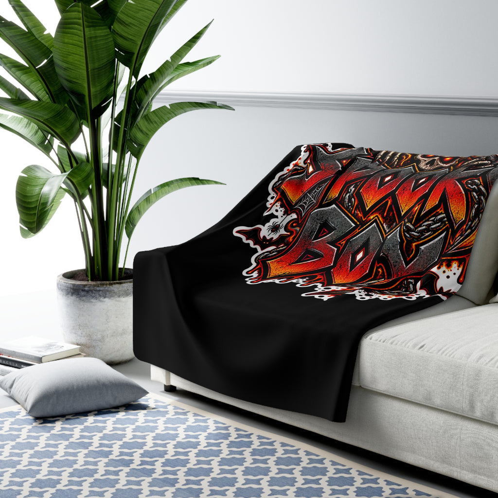 Spooky Boy Sherpa Blanket — Gothic Skull & Flames Cozy Throw