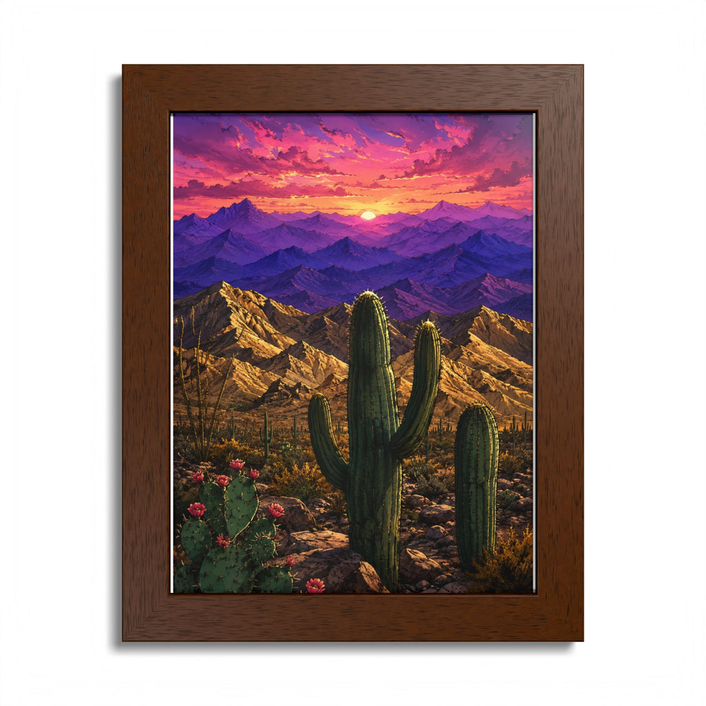 Desert Sunset Framed Poster — Saguaro Cactus Landscape Wall Art