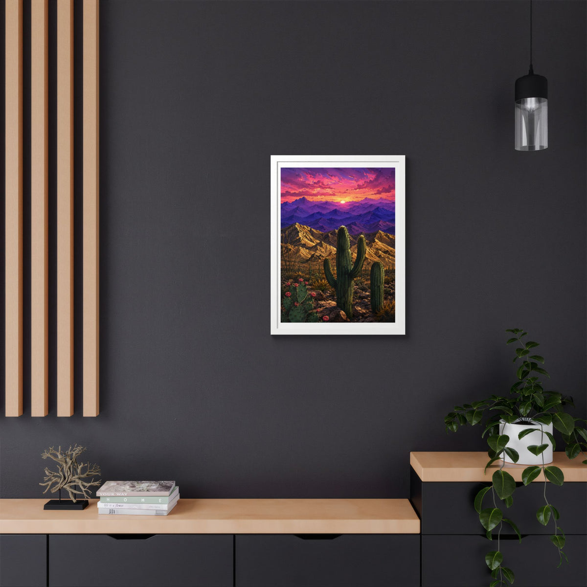 Desert Sunset Framed Poster — Saguaro Cactus Landscape Wall Art