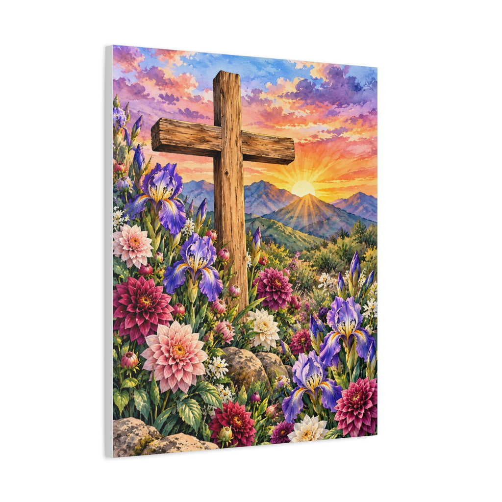 Sunrise Cross Canvas Wall Art — Floral Christian Decor