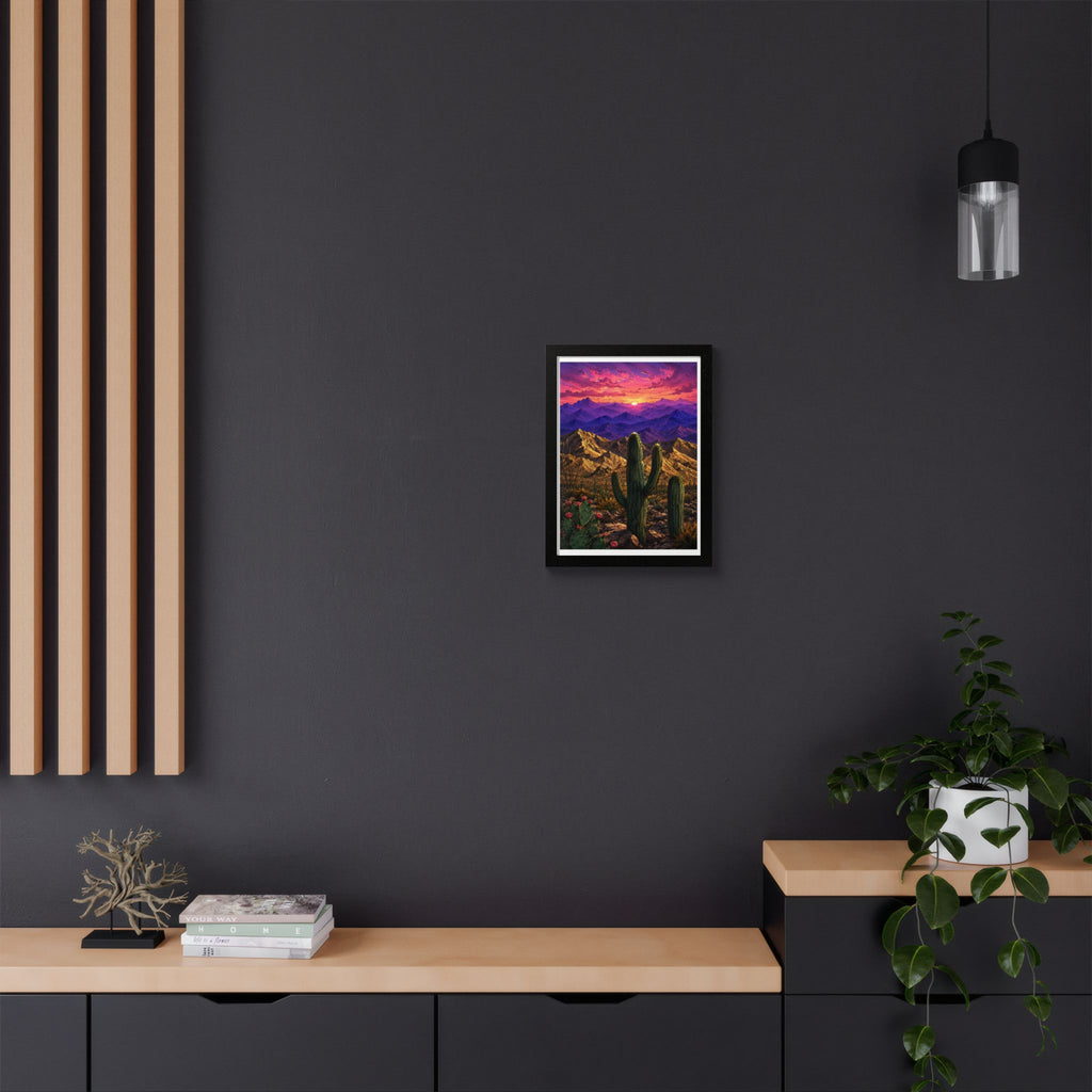 Desert Sunset Framed Poster — Saguaro Cactus Landscape Wall Art