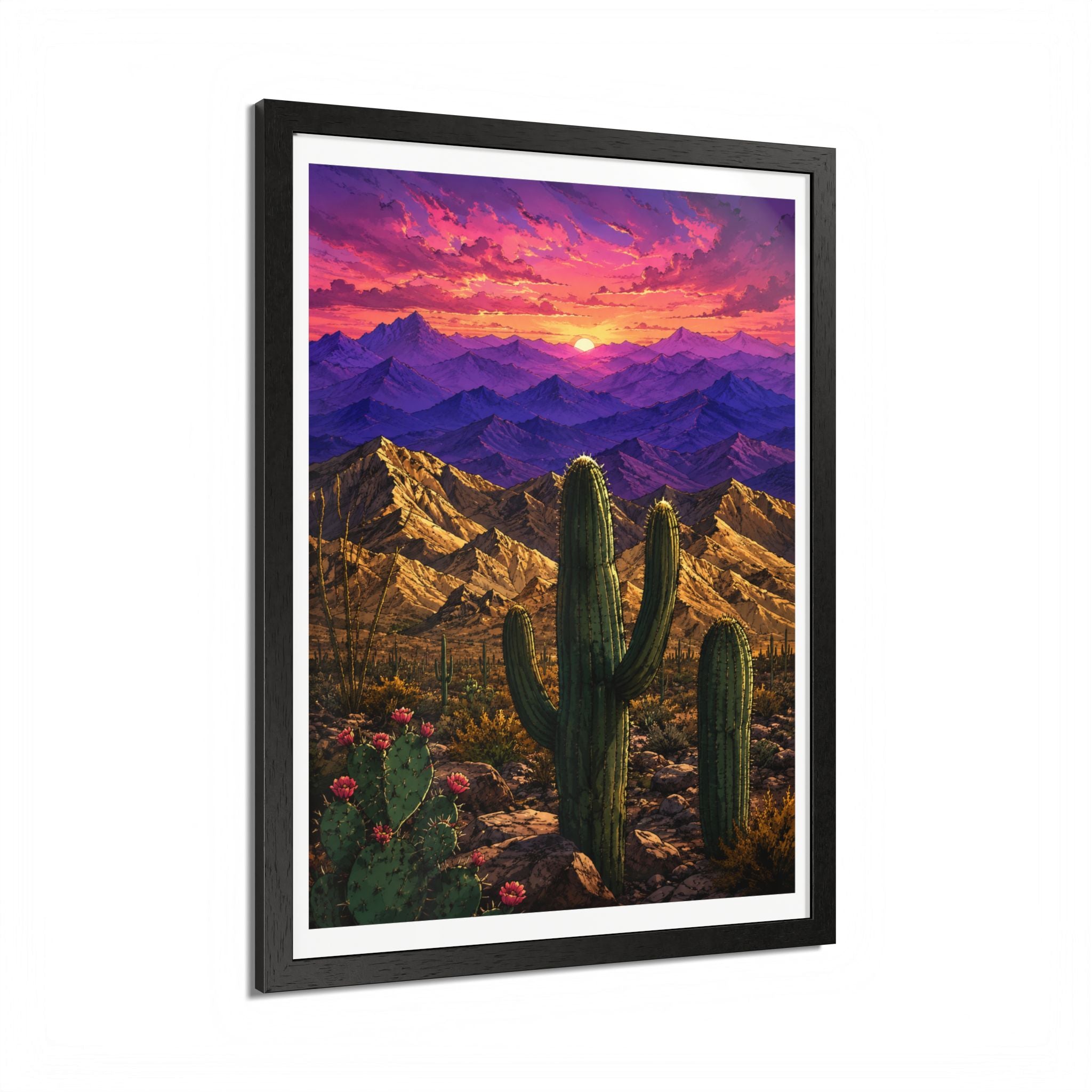 Desert Sunset Framed Poster — Saguaro Cactus Landscape Wall Art